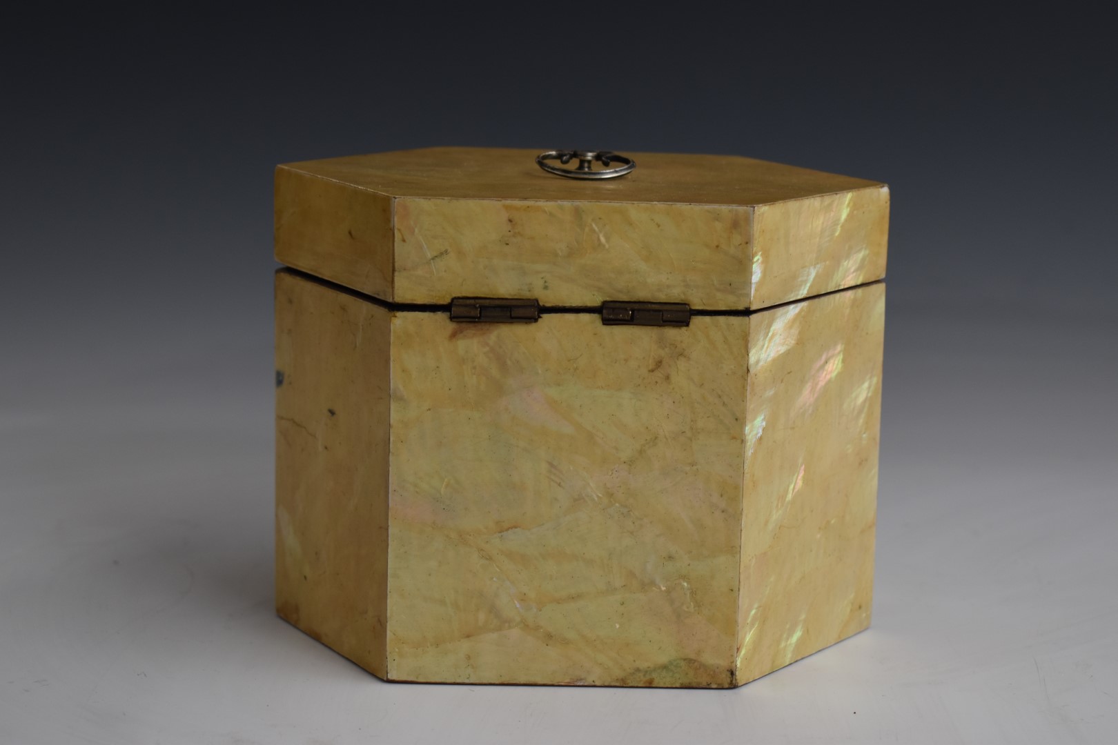 Georgian octagonal two division abalone tea caddy with key, W15.5 x D11 x H12cm - Image 4 of 4