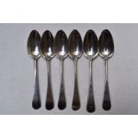 Set of six bottom hallmarked silver dessert spoons, London 1759, maker Ebenezer Coker & Thomas