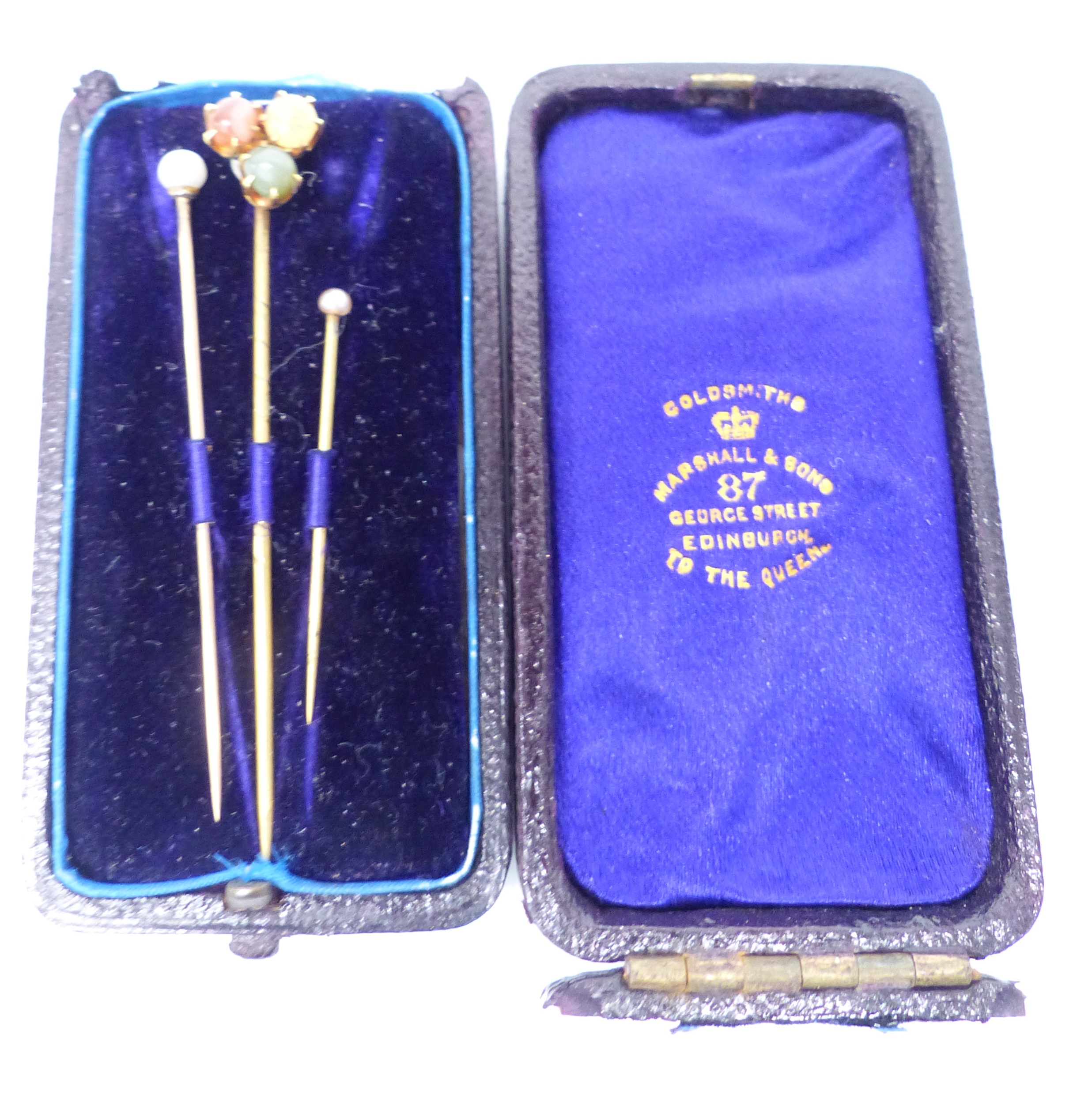 A pair of tortoiseshell earrings, Essex Crystal cabochon, three stick pins and a section of yellow - Image 2 of 3