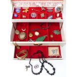 A collection of costume jewellery including Victorian mourning brooch, silver including paste set