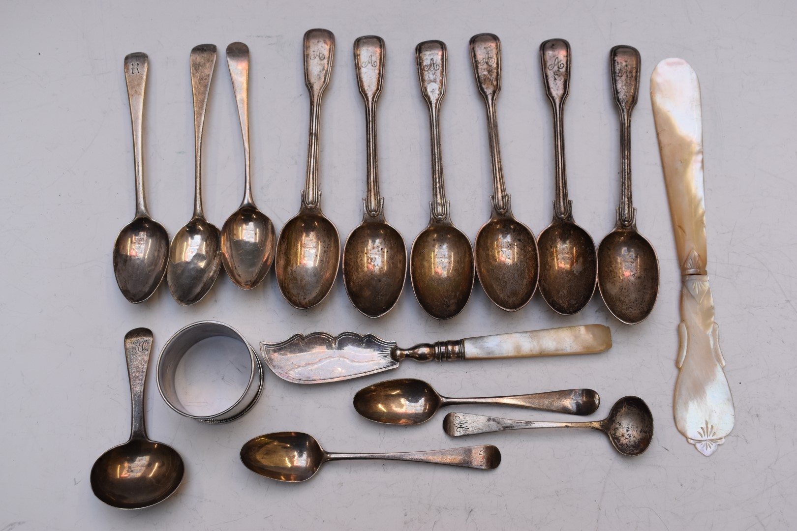 Hallmarked silver cutlery to include a set of six Victorian fiddle and thread pattern teaspoons,