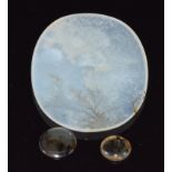 Two circular dendritic agate cabochons and a dendritic agate plaque