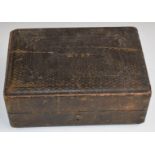 Victorian tooled leather vanity box with fitted interior and silver plate topped bottles, having