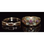 A 9ct gold ring set with topaz and amethyst (size L) and a 9ct gold ring set with quartz, 5.7g, size