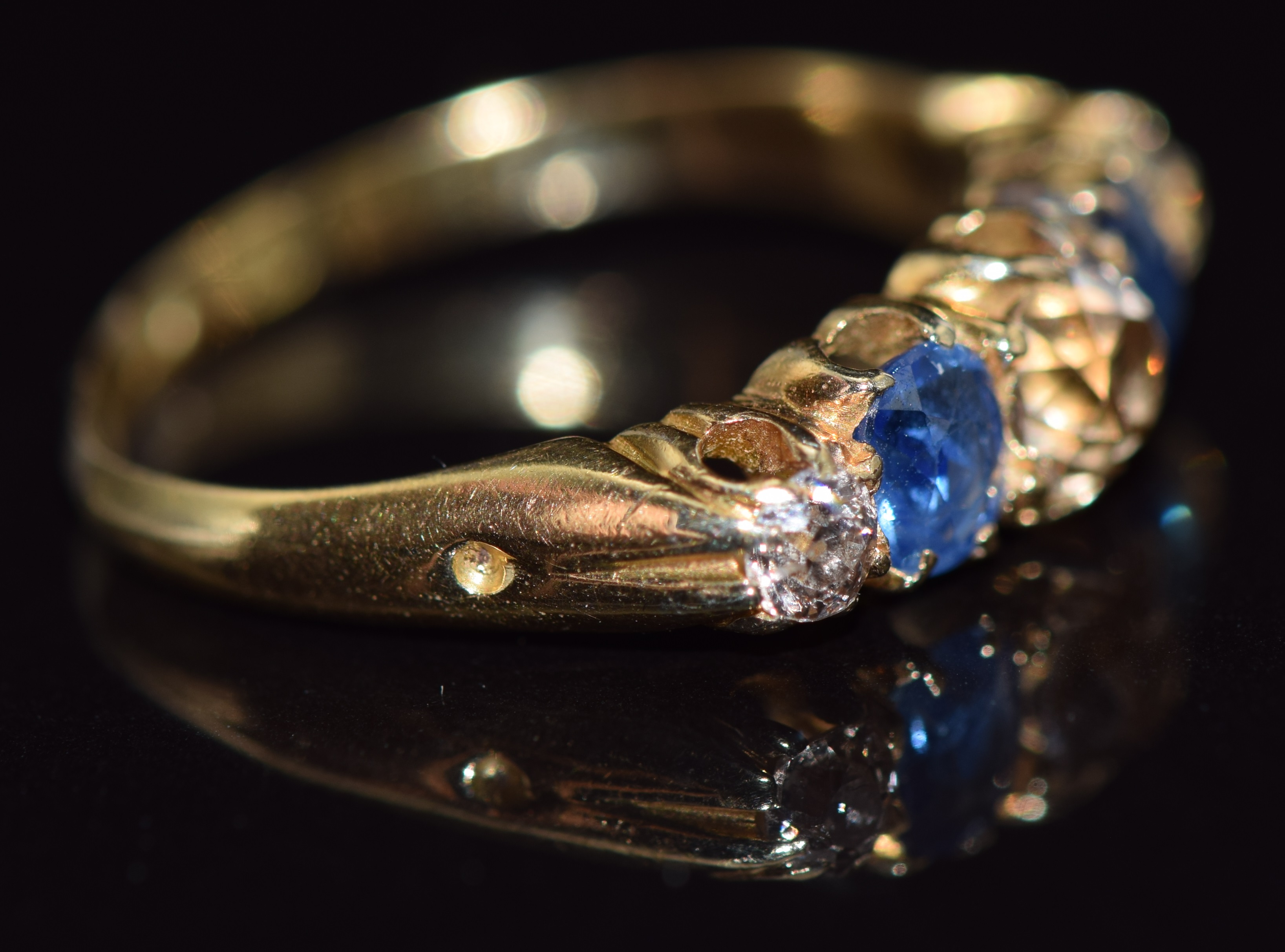 Edwardian 18ct gold ring set with diamonds and sapphires, the central diamond approximately 0. - Image 2 of 2