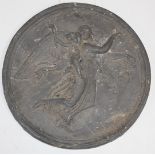 19thC circular lead plaque with relief decoration of an angel and putti, possibly a fire mark,