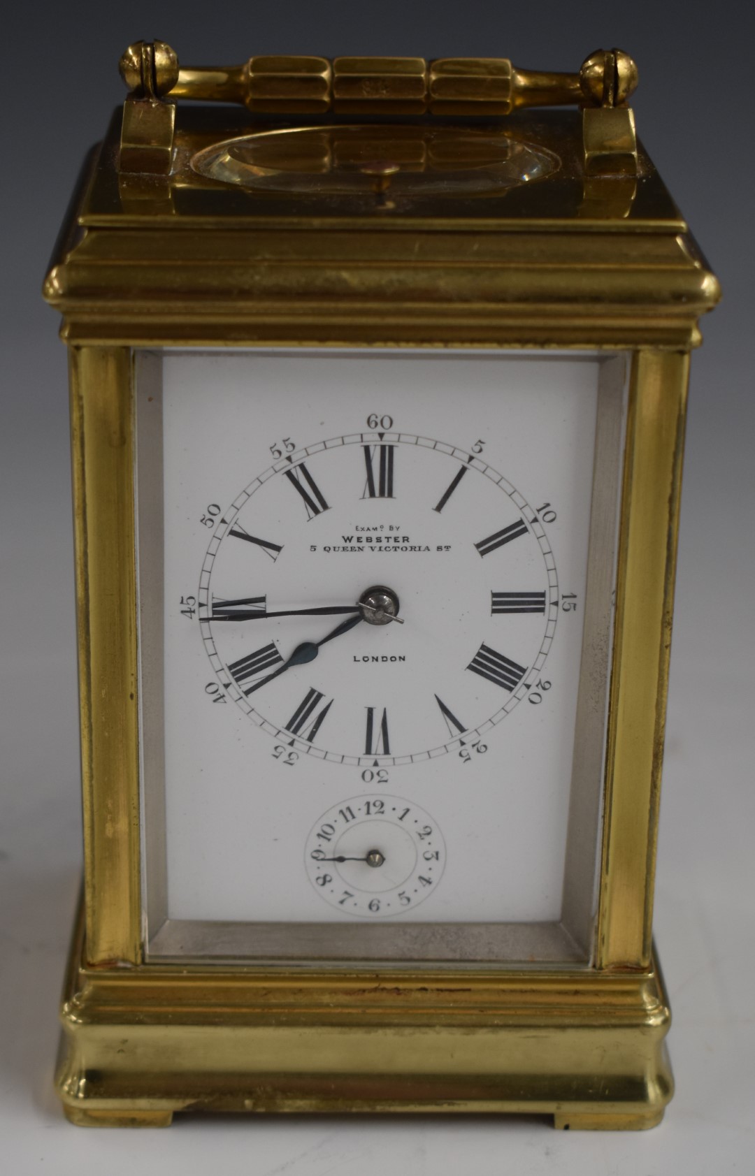 19thC half-hourly repeater brass carriage clock, the enamelled Roman and Arabic dial with alarm - Image 2 of 6