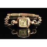 Senate 9ct gold ladies wristwatch with gold hands, Arabic numerals and hour markers, silver dial and