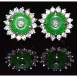 A pair of 18ct white gold earrings set with jade and diamonds, 3.6g