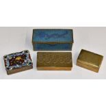 Four brass stamp boxes or cases, including two Chinese or similar cloisonné examples, one with