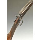 Indistinctly named 20 bore side by side hammer action shotgun with engraved locks, hammers,
