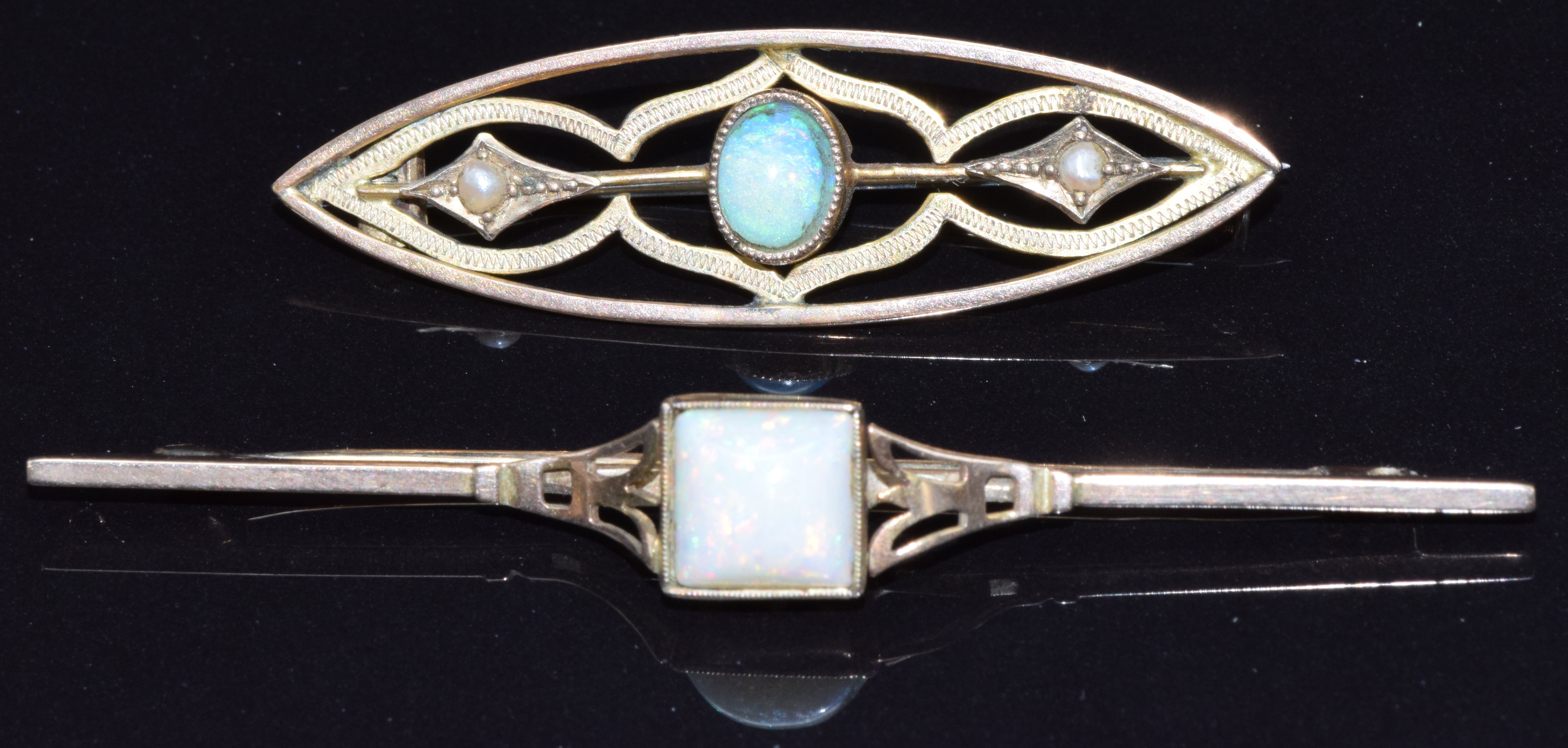 Two 9ct gold brooches set with opals, 5.2g in Depree & Young, Exeter box - Image 2 of 2