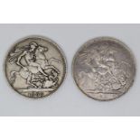 Two Queen Victoria veiled head silver crowns, one 1897 the other 1897 TUTAMEN LXIV and LXI edges