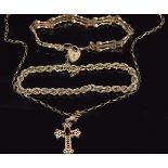 A 9ct gold gate bracelet, 9ct gold rope twist bracelet and chain and 9ct gold cross pendant set with