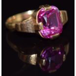 Art Deco 18ct gold ring set with a cushion cut synthetic pink sapphire of approximately 4.2cts,