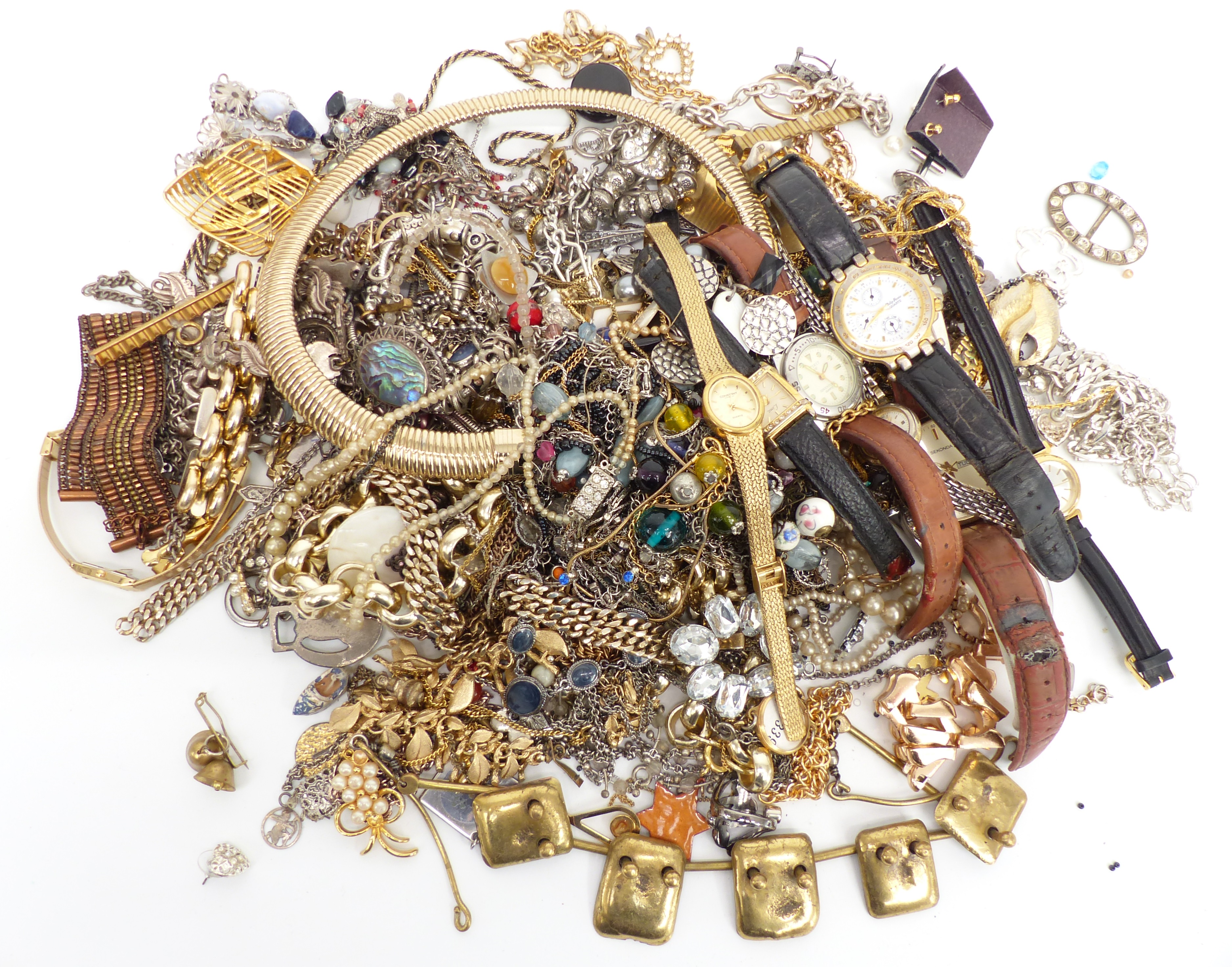 A collection of costume jewellery including chains, necklaces, watches, brooches, etc