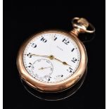 Rolex gold plated keyless winding open faced pocket watch with subsidiary seconds dial, gold