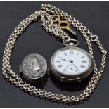 A silver pill box depicting a young woman (9.2g), silver pocket watch and silver chain (30g)