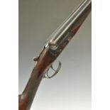 BSA 12 bore side by side shotgun with engraved lock, underside, top plate and thumb lever, chequered