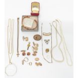 A collection of jewellery including a pearl necklace, rolled gold locket, etc