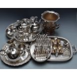 Silver plated ware to include wine cooler, H24cm, galleried Mappin and Webb candlesticks, salver,