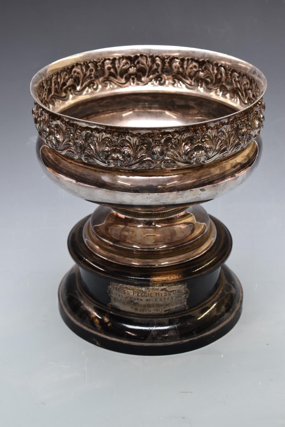 Large Walker & Hall silver plated pedestal bowl with embossed decoration, on ebonised base with