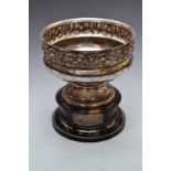 Large Walker & Hall silver plated pedestal bowl with embossed decoration, on ebonised base with