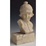 Austrian or similar early 20thC carved alabaster study of a young lady in jumper and hat,