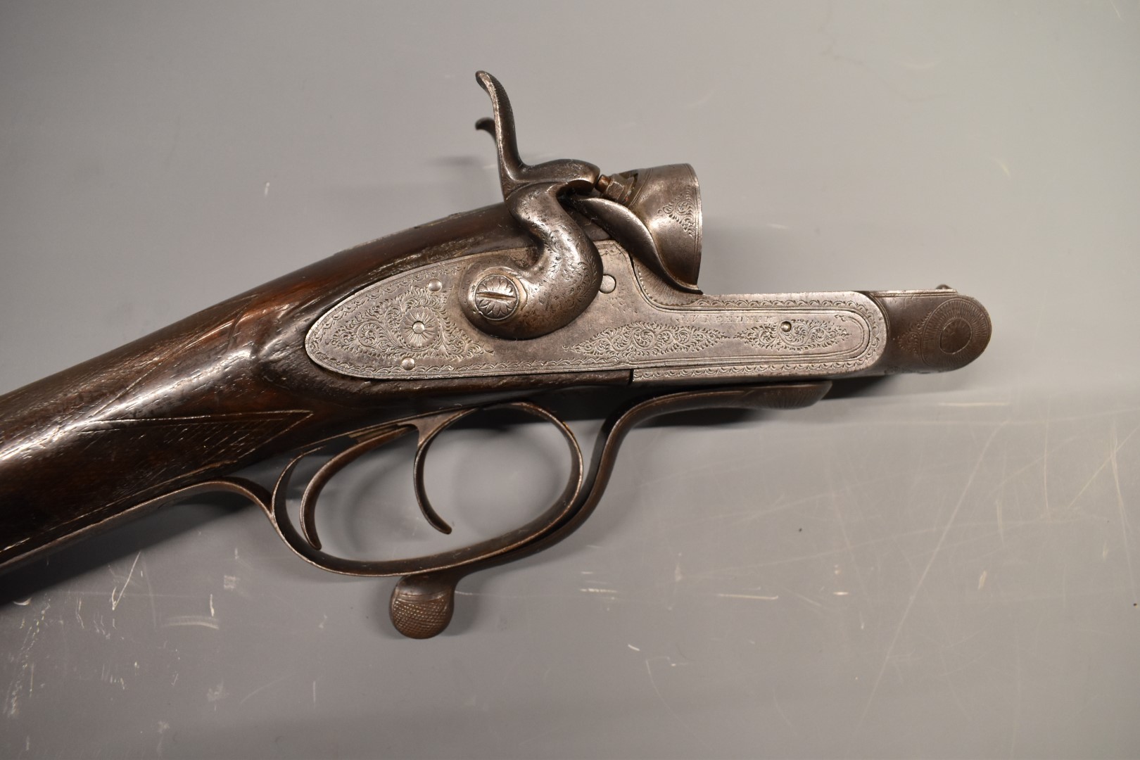 J V  Needham 12 bore side by side hammer action shotgun stock and action with named and engraved - Image 2 of 6