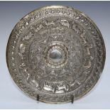 Sri Lanka white metal dish with embossed decoration of animals, marked KAA for Kandyan Arts
