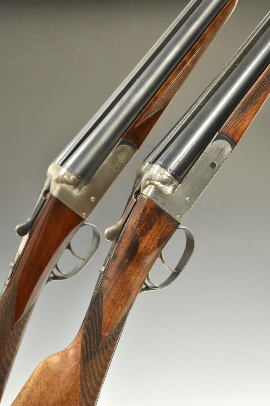 Two Spanish 12 bore side by side shotguns, one Master with chequered grip and forend, double trigger