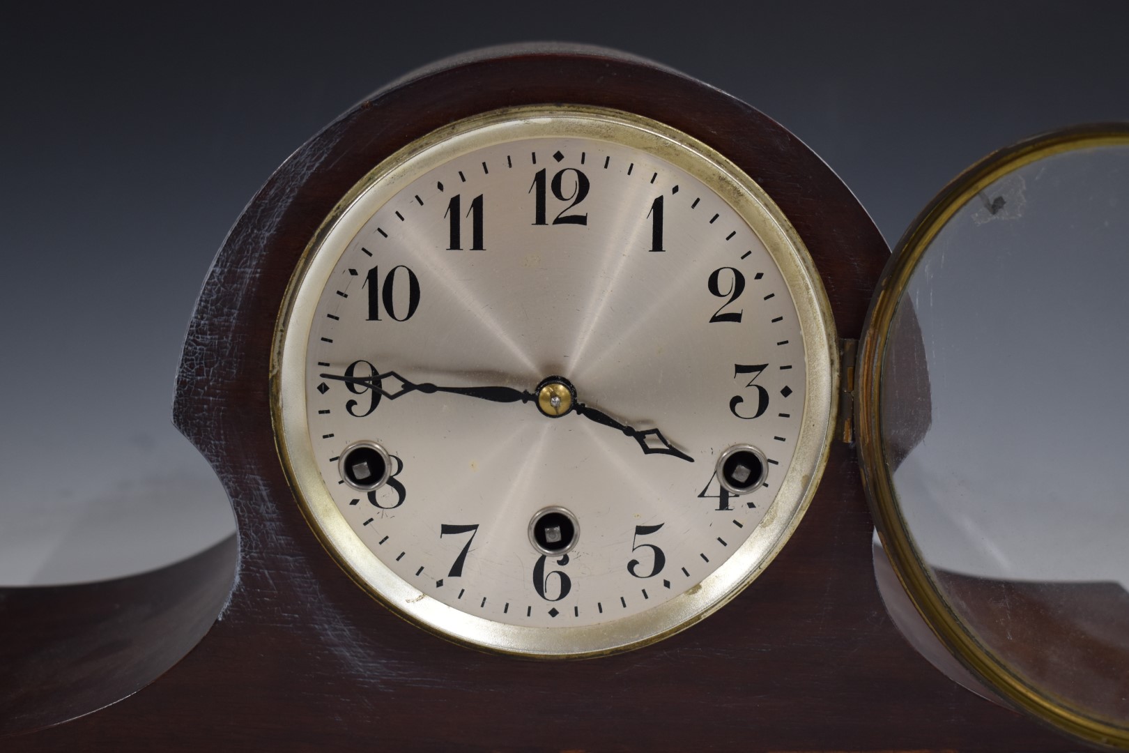 A c1930 DRP Deutches Reichs Patent mantel clock in Napoleon hat style mahogany case, three train - Image 2 of 6