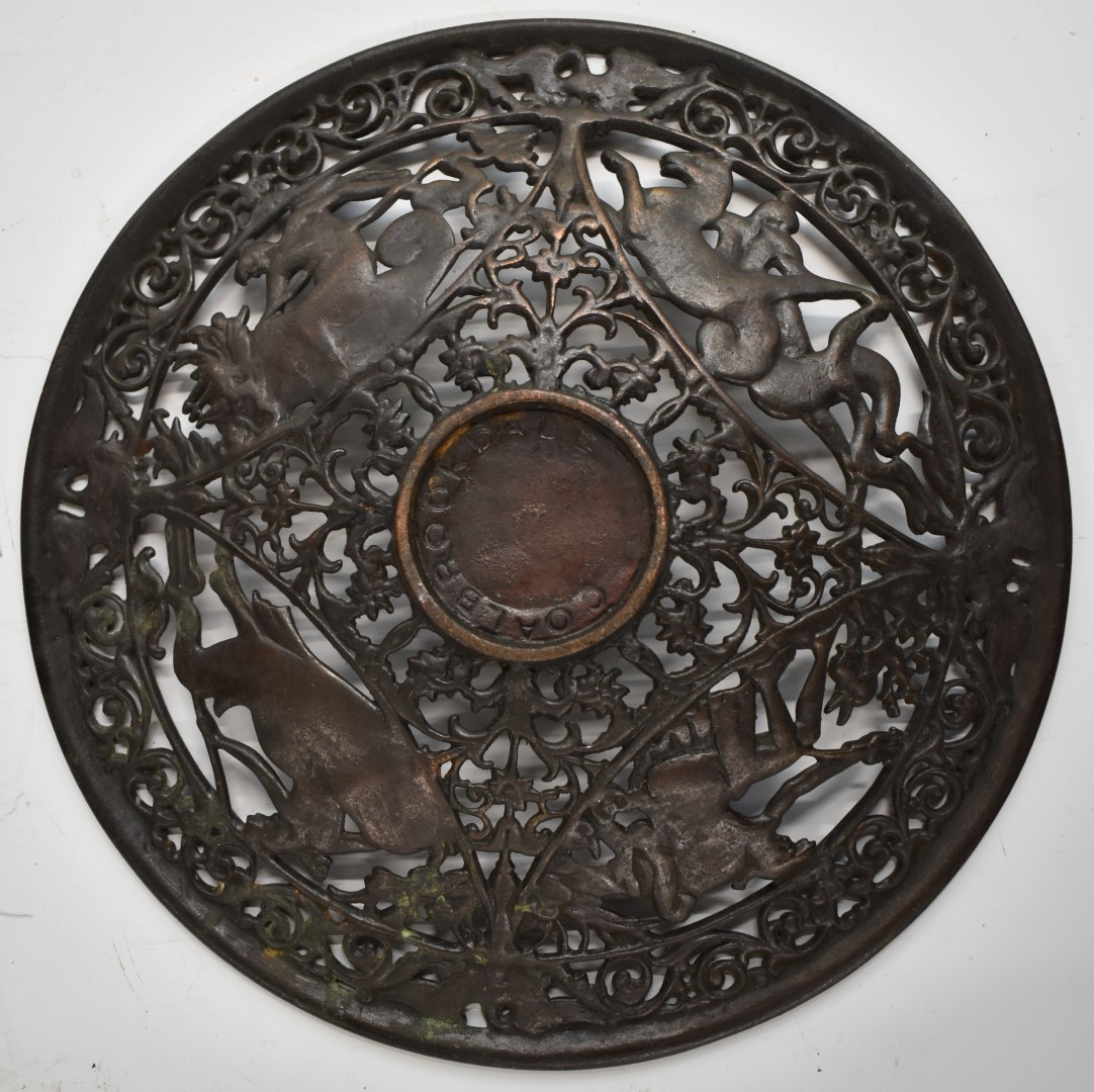 A pair of Coalbrookdale bronze dishes with pierced decoration of Greek gods atop fish and mythical - Image 5 of 6