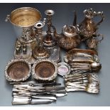 Silver plated ware to include wine cooler, Victorian Elkington teaware, pair of candlesticks, H24cm,