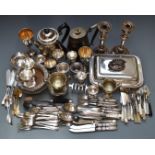 Silver plated ware including a pair of wine coasters, candlesticks, entrée dish, bowls, teaware,