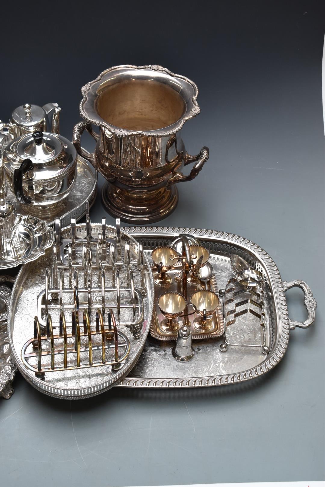 Silver plated ware to include wine cooler, H24cm, galleried Mappin and Webb candlesticks, salver, - Image 3 of 3