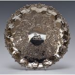 Victorian Goldsmiths Company hallmarked silver card tray or salver with engraved decoration,