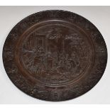 19th or early 20thC cast iron plaque with classical scene to centre and smaller titled scenes to