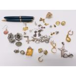 A collection of vintage earrings, 9ct gold earrings, Parker pens etc
