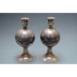 A pair of unusual white metal / silver plated continental candlesticks of globular form, impressed