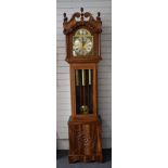 Late 20thC grandfather longcase clock in carved mahogany case, featuring three owls to back