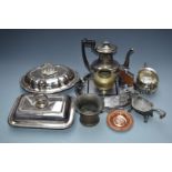 Silver plated ware including Walker and Hall, Mappin and Webb food servers, tray, spirit flask,