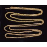 Victorian 9ct gold guard chain made up of ridged circular links, 21.6g, 140cm long