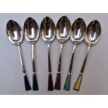 Set of six Art Deco hallmarked silver and guilloché enamel teaspoons, Birmingham 1933, maker