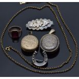 A 9ct gold necklace (8.8g), a silver Victorian locket, Victorian pinchbeck locket, Edwardian