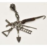 19thC cut steel chatelaine with miniature tools to include ladder, square, folding hook and spade,