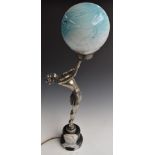 Art Deco style lamp with semi nude lady holding a globe aloft, H64cm