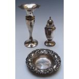 Hallmarked silver sugar caster, hallmarked silver dish with embossed rim and a hallmarked silver
