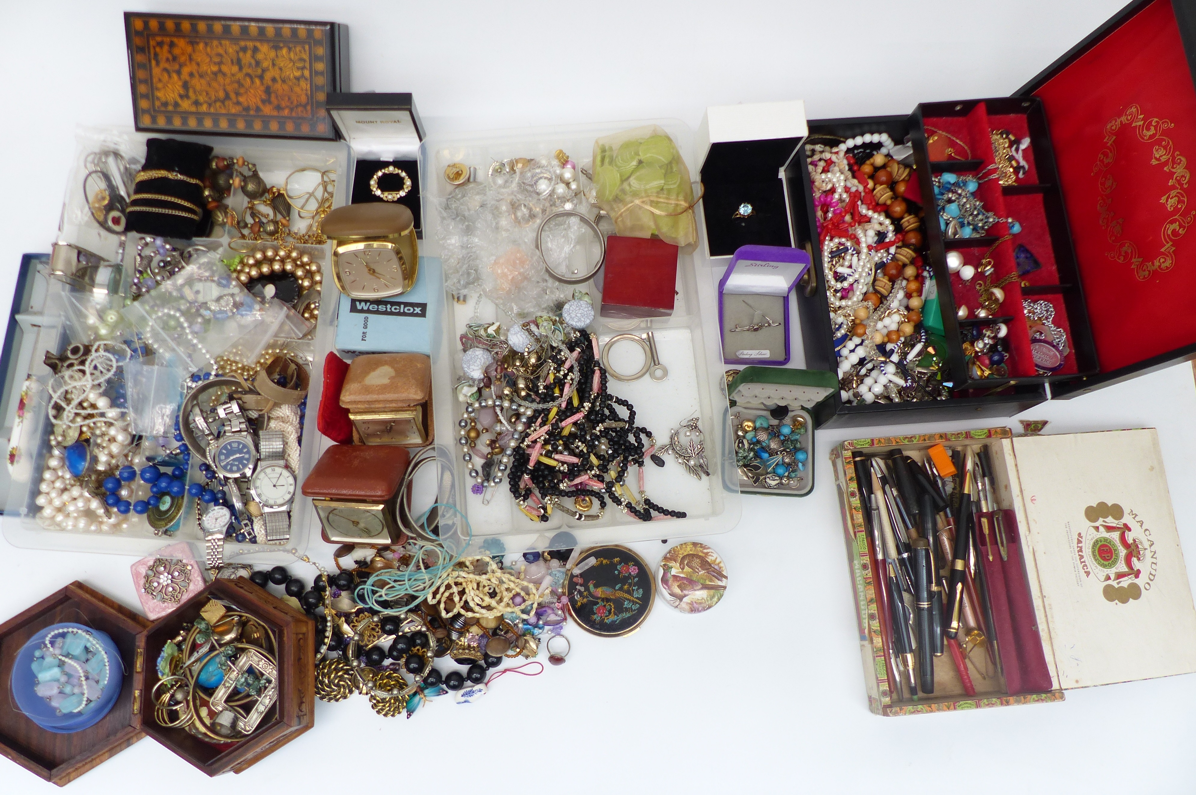 A collection of costume jewellery including Exquisite pendant, watches, vintage earrings, vintage