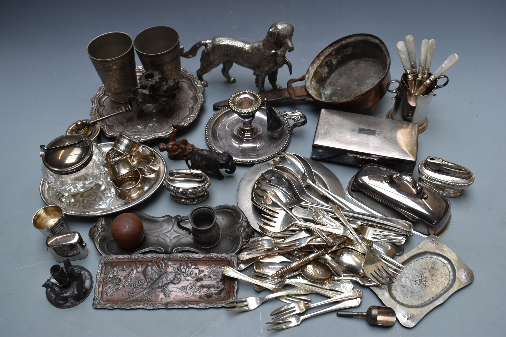 Silver plated ware including a spirit kettle, retriever with duck, teaware, cutlery, lighters, - Image 2 of 2